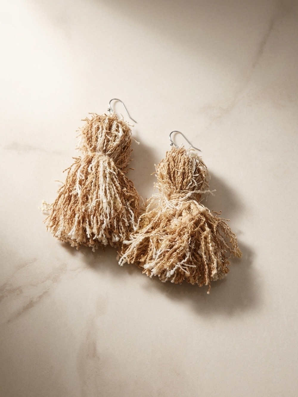 Boho Layered Tassel Drop Earrings - Beige Cream